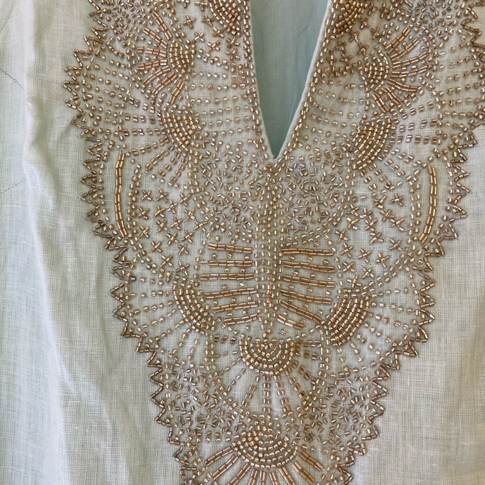 Bella Tu Jeanne D’ Gopi Vaid Linen Beaded Dress 6 Mint Blue Sleeveless India - Picture 6 of 14